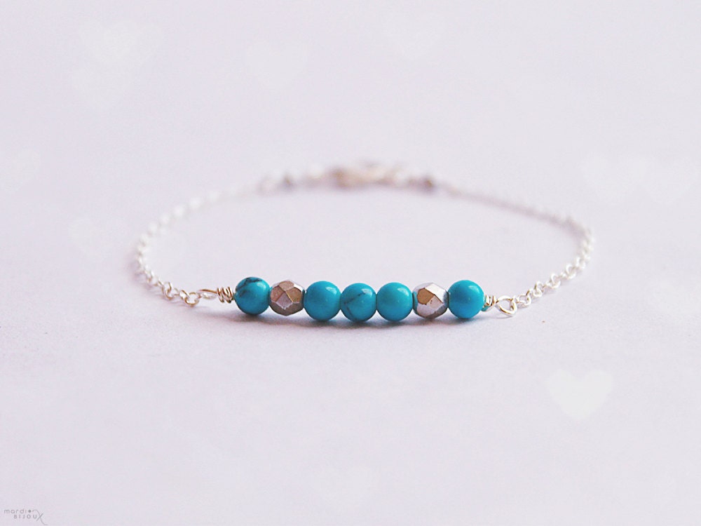 Blue turquoise silver beaded bar bracelet - stacking layering dainty everyday jewelry