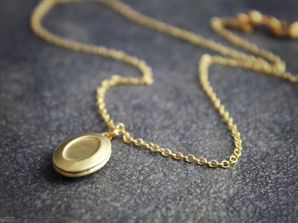Tiny locket necklace, raw brass oval gold dainty minimalist bridesmaid gifts everyday jewelry