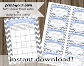 Baby Shower Bingo Game Cards and Diaper Raffle Tickets gray chevron and light blue INSTANT DOWNLOAD diy digital printable file Il_170x135