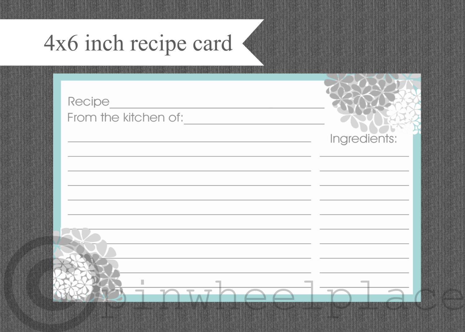 Recipe Cards DIY printable aqua and gray hydrangeas INSTANT DOWNLOAD digital Print Your Own 4x6 Il_570xn