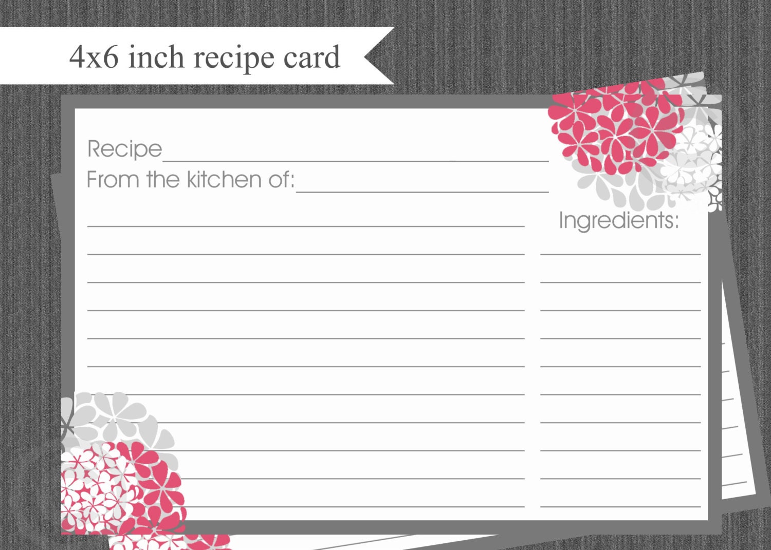 Printable Recipe Cards DIY fuchsia and gray with hydrangeas INSTANT DOWNLOAD digital Print Your Own 4x6 kitchen shower Il_570xn