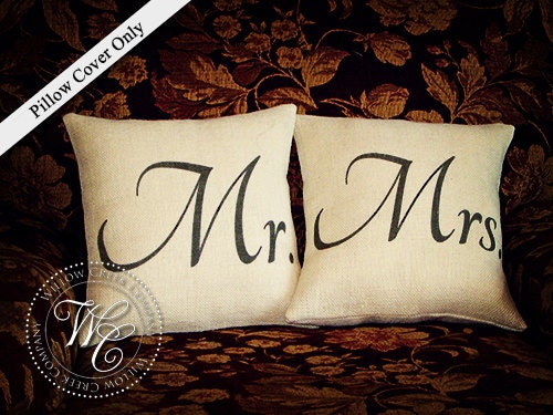 Wedding Gift - Mr. and Mrs. Burlap Pillow Cover Set