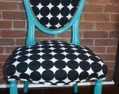 Hand Painted Turquoise Dining Chair with  Black and White Polka Dot Seat
