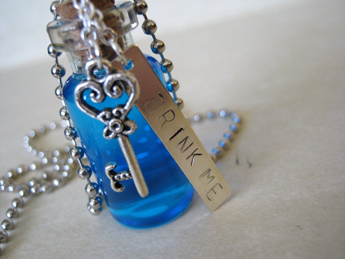 Drink Me I 2ml Glass Vial Glass Bottle Pendant Necklace - Alice in Wonderland Looking Glass Potion Key Stamped Metal