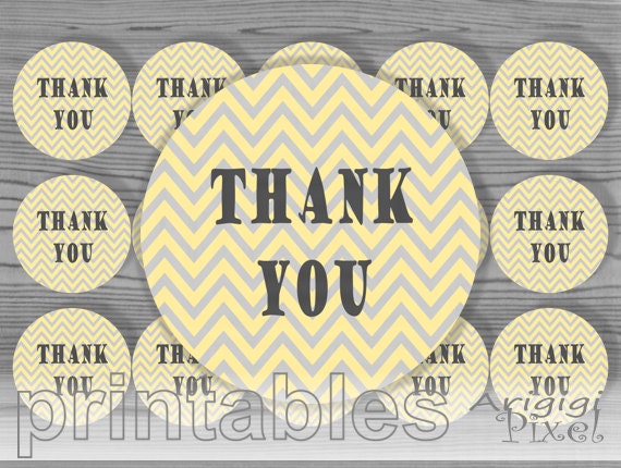 Thank you 2 in circle tag yellow gray chevron printable favor tag label cupcake topper PDF PNG file instant download