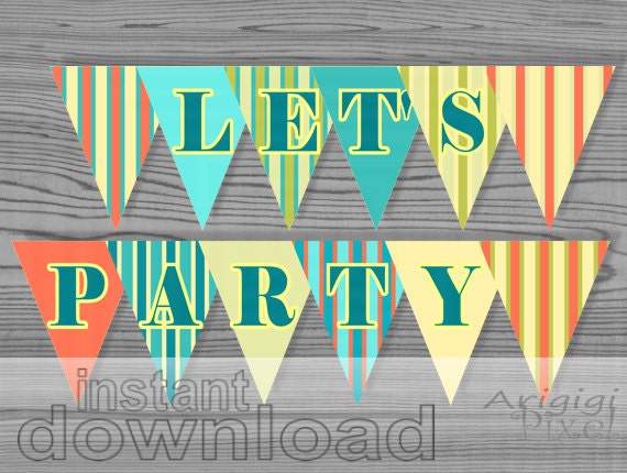 Let's Party Printable Party Banner, party decoration, striped patterned pennant, summer colors, holiday printables, PDF file Il_570xn