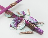 mint green,purple, gold scalloped garland/bunting cake topper with purple posts and gold glitter, parties, weddings