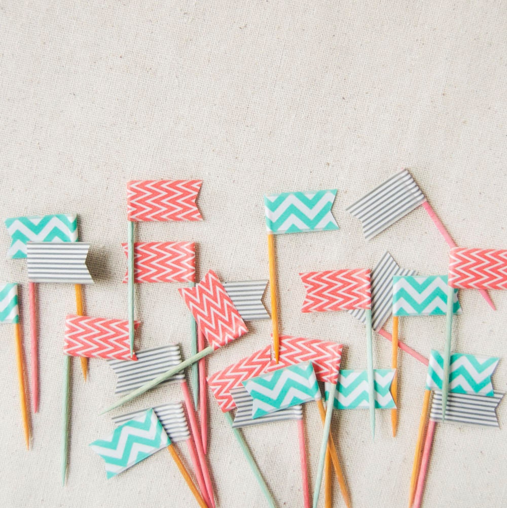 24 Grey, Sea Foam Green & Melon Mix Washi Tape Cake Toppers, wedding, engagement topper, birthday topper, baby shower topper, tea party