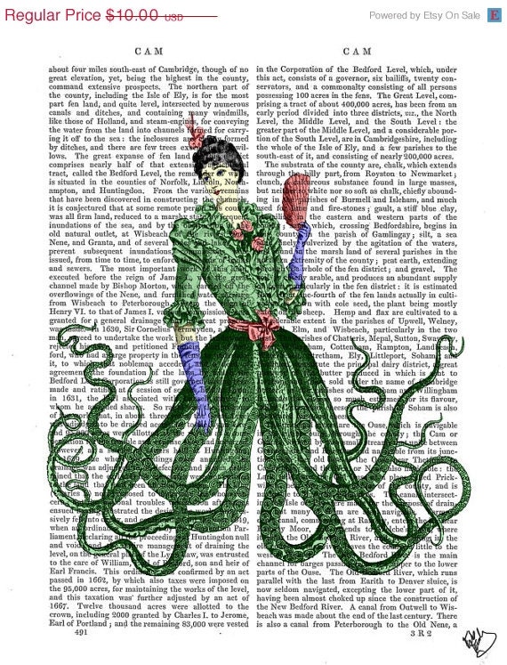 ON SALE Steampunk Octopus Lady Art Print wall art wall decor upcycled recycled dictionary book page art print, victorian woman