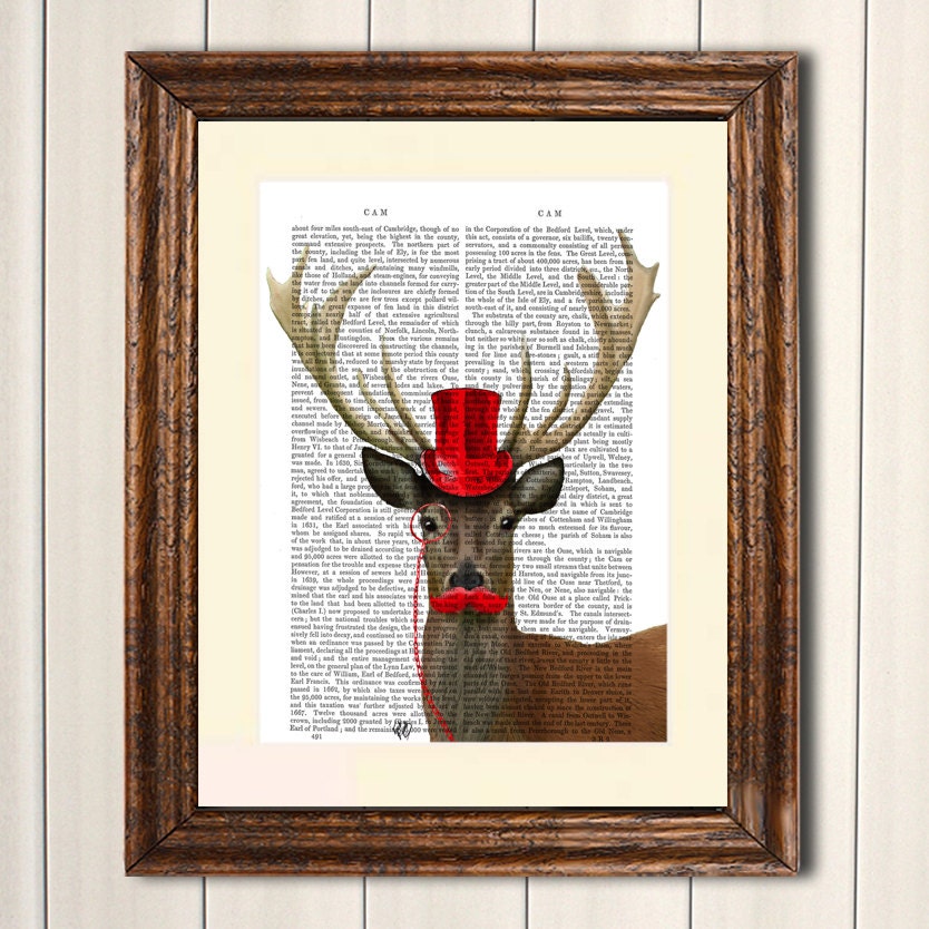 14x11 inch Reproduction Dictionary Print Poster,  Deer with Red Top Hat - Deer illustration Dictionary page art print Deer Head Wall Art