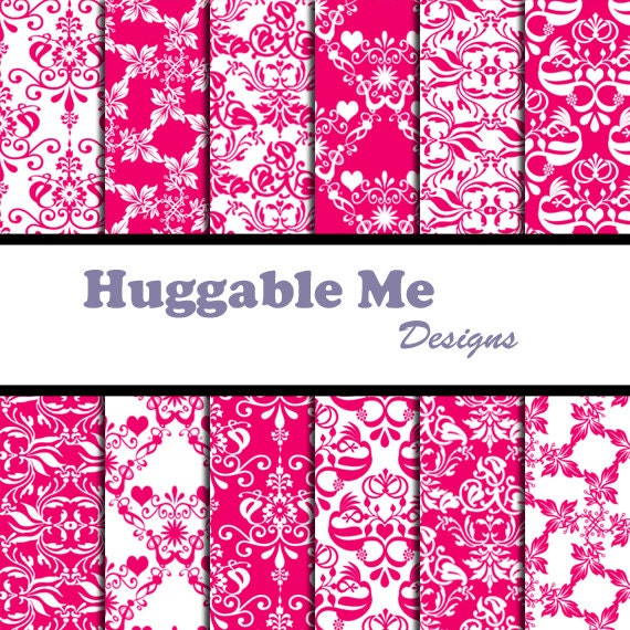 Fuchsia Damask Digital Paper - Hot Pink Damask Paper Instant Download for Digital Backgrounds, Scrapbook, Wedding, Cards 12x12 - HMD00055
