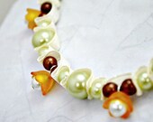 Orange bell flower and glass pearl necklace. Beaded ribbon jewelry.  Copper beads. Ivory ribbon. Mint green pearls. Ships free.