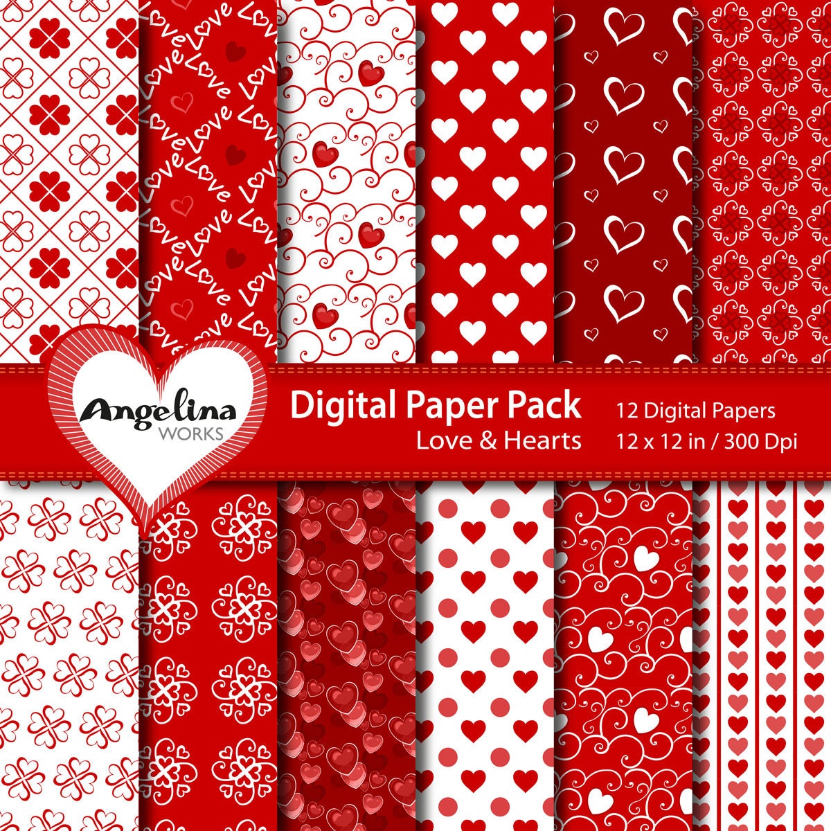 12 Digital Valentine Love Scrapbook Paper Pack For Invites