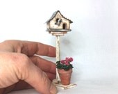 Garden birdhouse on stand with plant and bird. Dollhouse miniature. Garden decoration. Room box .
