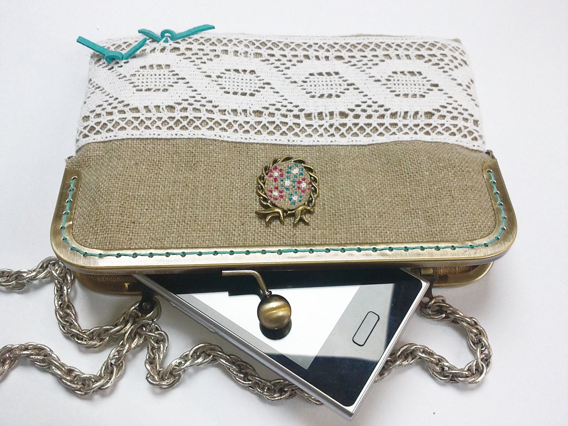 Turquoise clutch purse / Victorian inspired iphone wallet case. Lace and natural linen. Hand painted little flowers