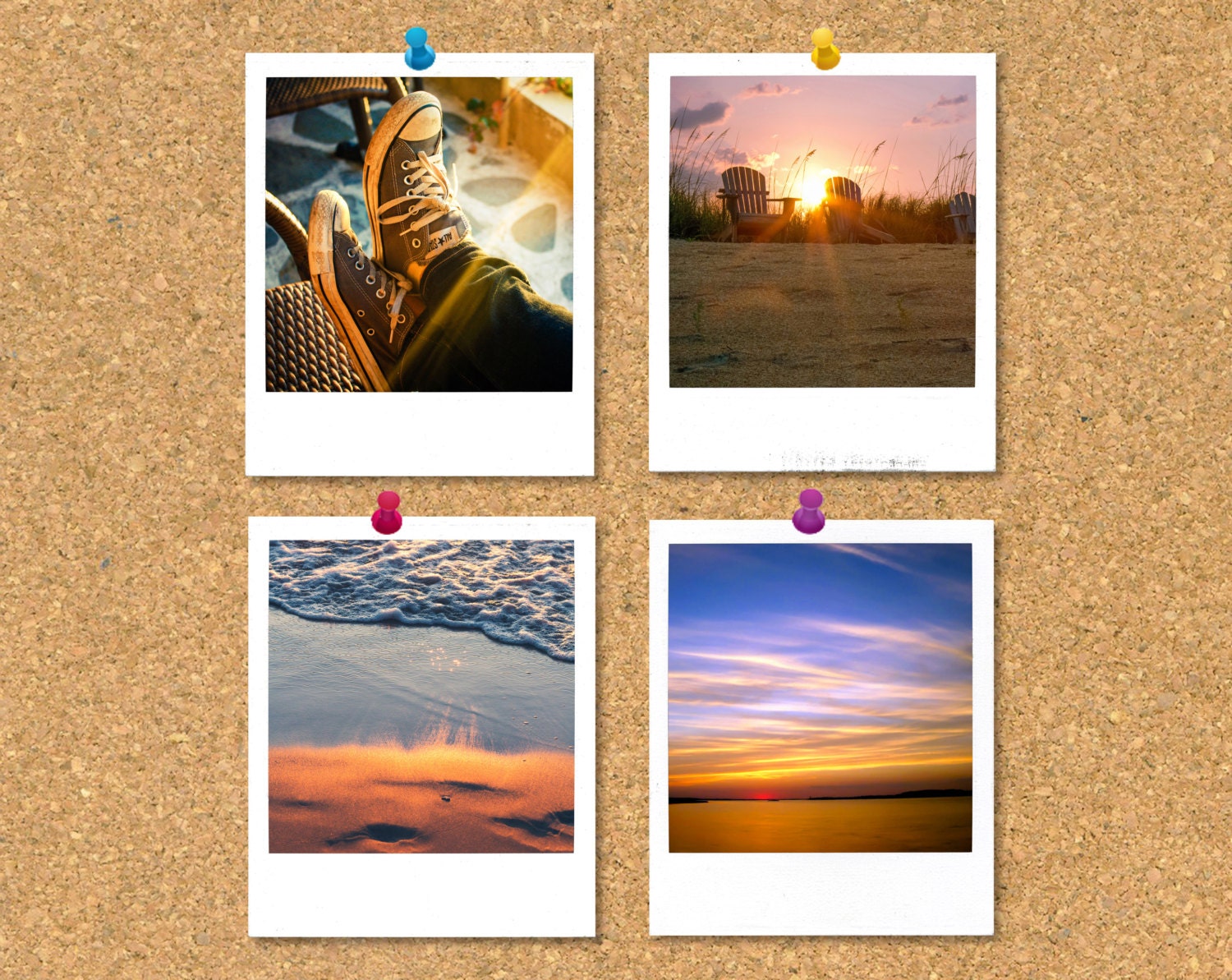 Polaroid set - Sunshine - 4 polaroid style photograph prints - Fine art, summer, sunset, orange, ocean, beach, sky, gift tags, under 20
