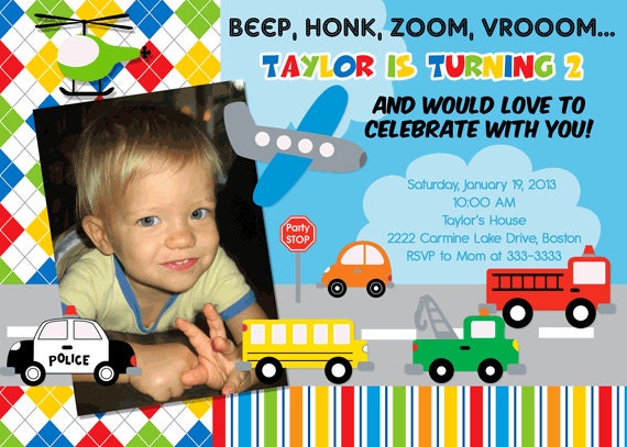 Bright Fun Transportation Photo Birthday Party Invitation - Printable Il_570xn