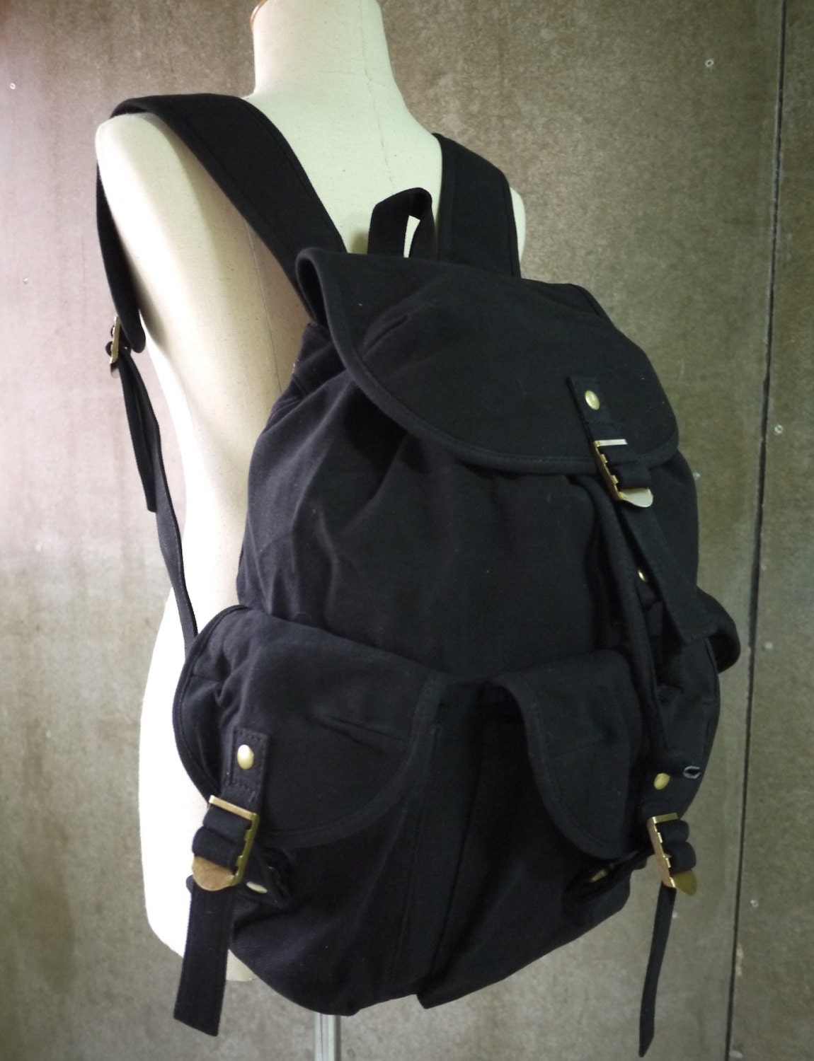 Black Cotton Canvas Men Women Backpack, Travel Bag, Overnight Bag, School Bag, Rucksack, Messenger, Laptop, All Purpose Bag - BP005