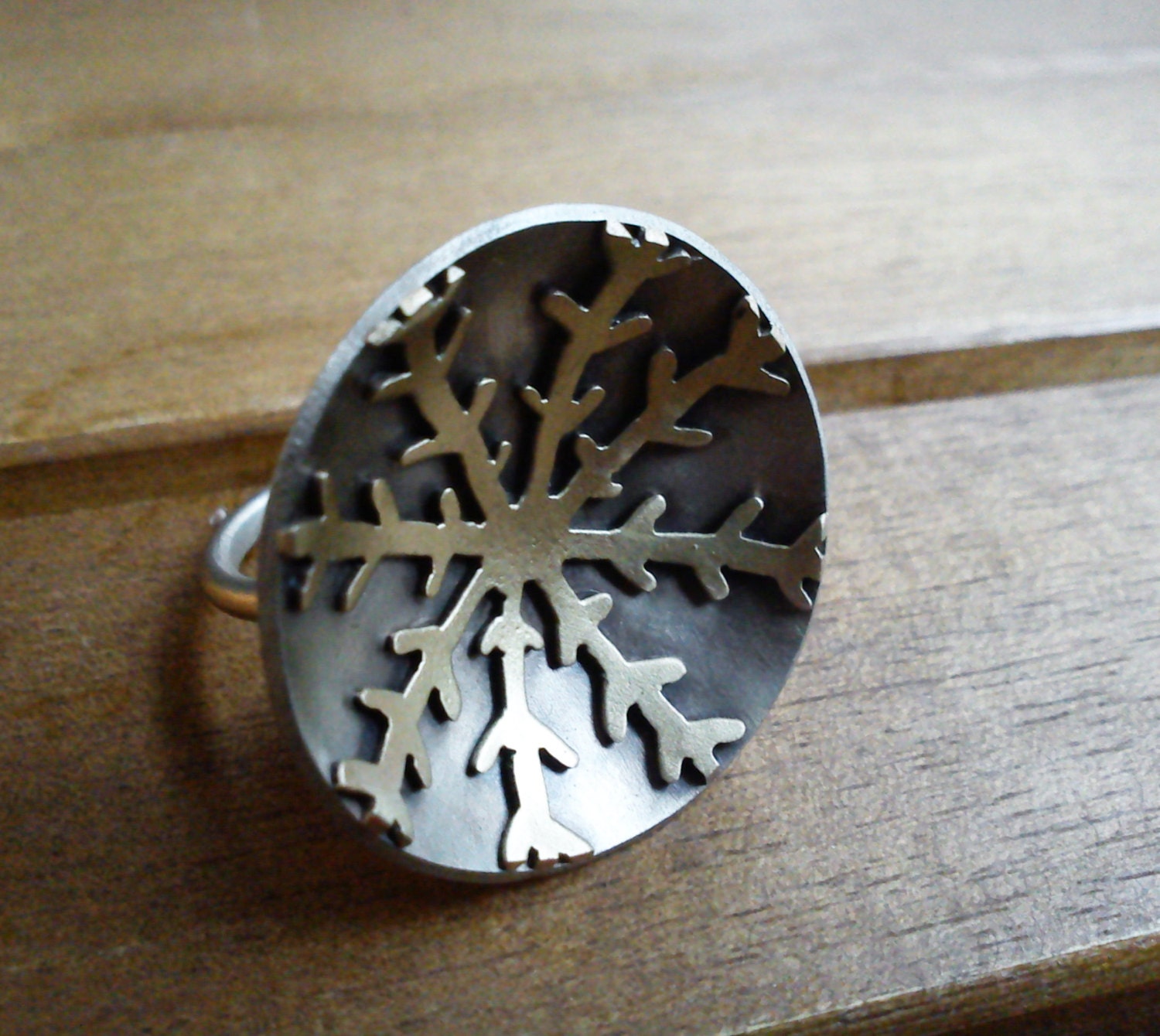 Nickel silver and brass statement ring, bowl ring, domed, snowflake design, modern ring, Handmade, gift