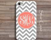 Personalized Monogrammed iPhone 4/ 4s and 5 Case - Gray Chevron With Coral Monogram Initials iPhone Hard Case- Cell Phone Peach Geometric