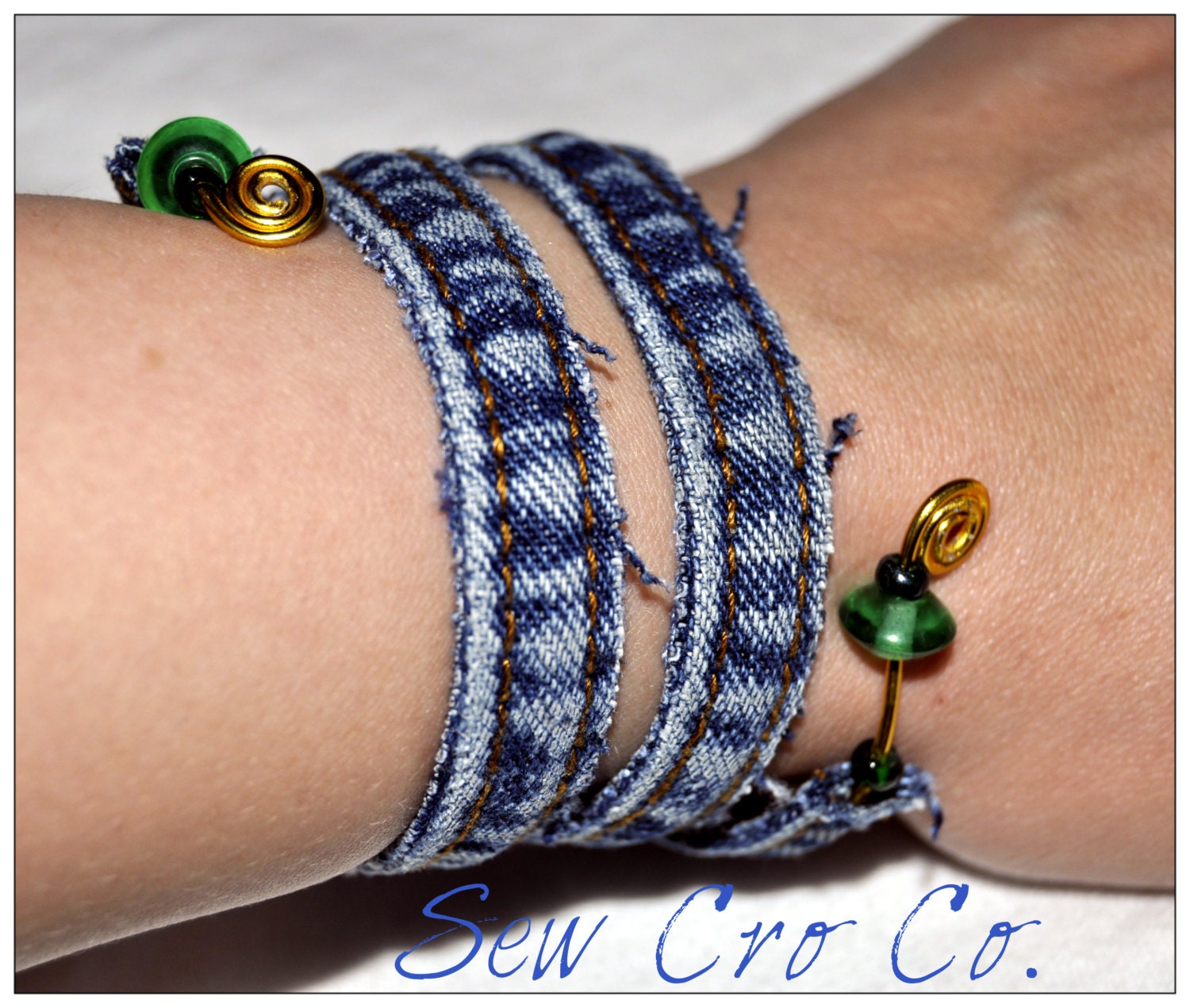 Denim and Wire Wrap Bracelet Green Glass Beads Blue Gold Metal Fabric Jeans Upcycled Cuff