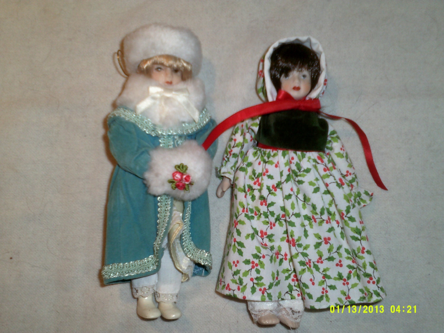 Lot of Two- Vintage Little Porcelain Dolls- Winter and Christmas, Very Sweet