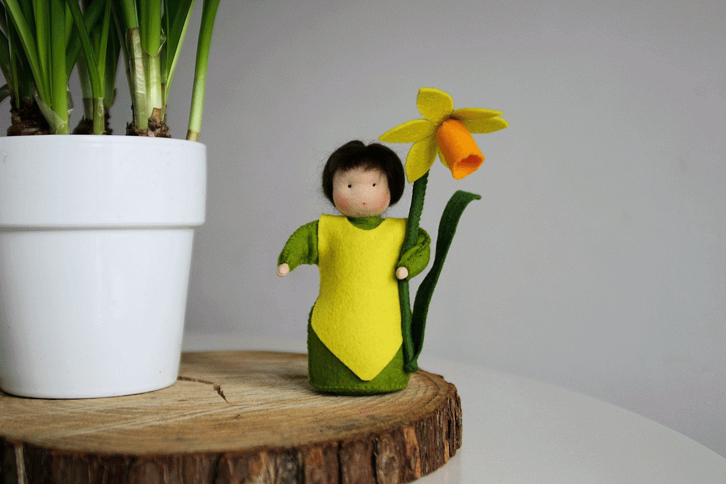 flower child daffodil, flower fairy, flower doll, nature table, root child, seasonal table