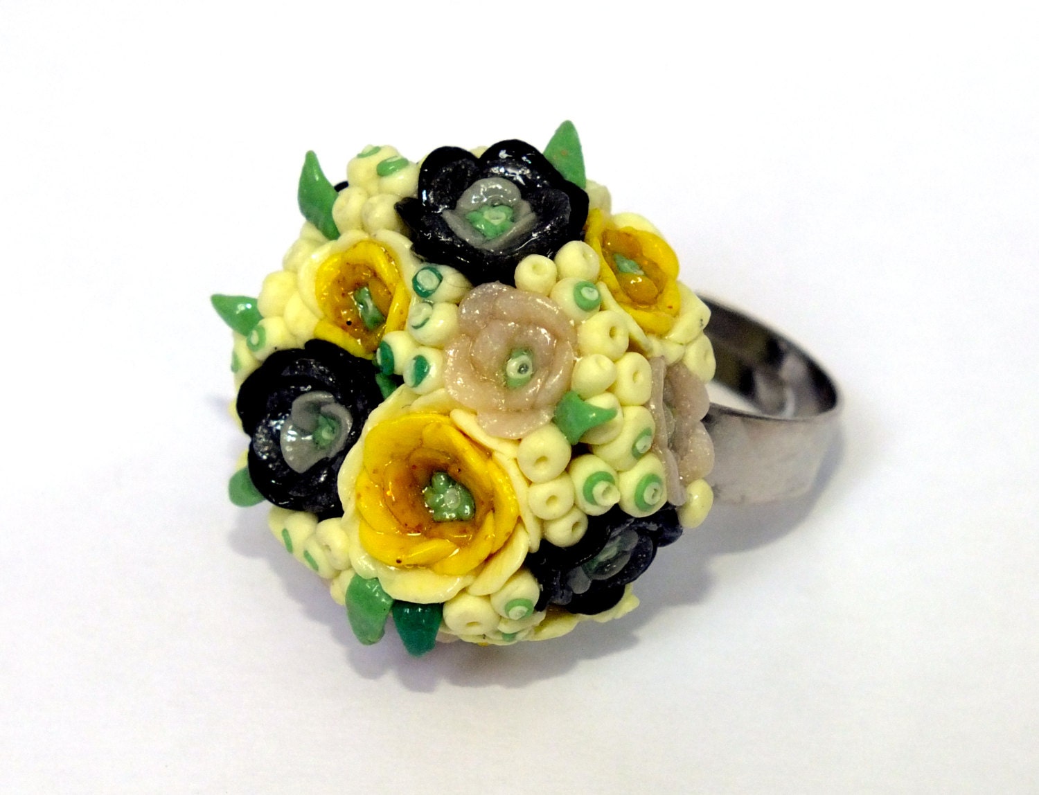 Unique Entirely Handmade Polymer clay Rustic Floral ring in Yellow Black Pink Grey and Green / Mini flowers / Jewelry