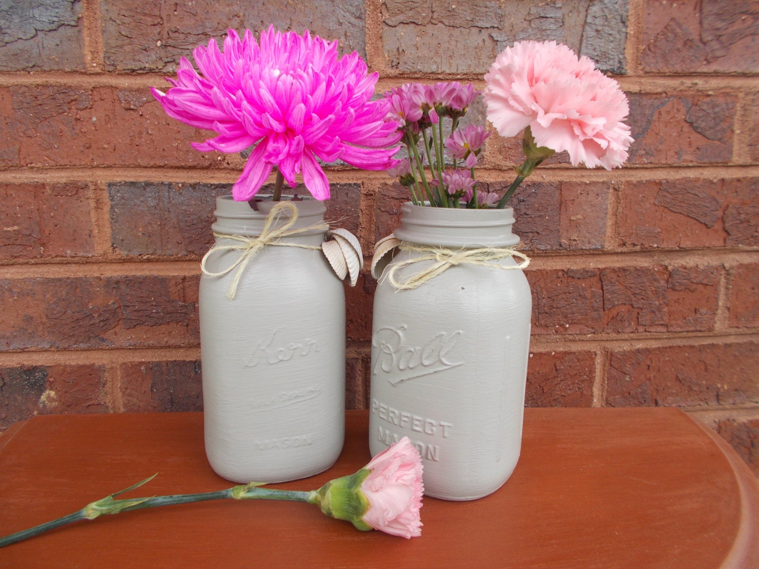 Set of Two Painted Mason Jars Upcycled Gray Centerpieces Candle Jars Kerr and Mason