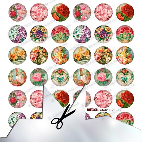 Vintage flowers 1" circles cupcake toppers confetti scrapbooking embellishments, DIY printable collage sheet, gift tags, pdf, digital file
