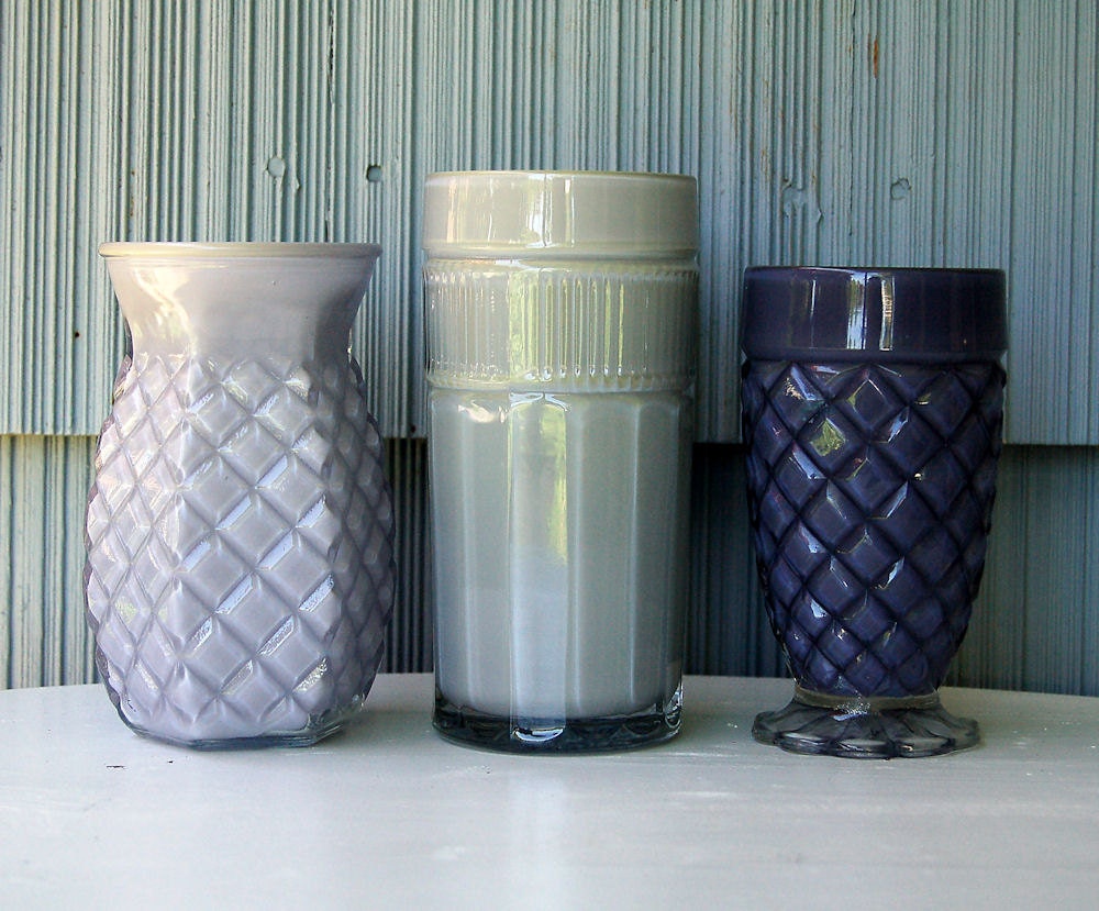 Painted Vases - Shabby Chic Home Decor - Beach Cottage Style - Plum, Lilac and Gray Vases - Upcycled Retro Decor