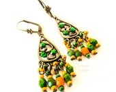 Earrings,dangle,chandelier,colorful,orange,green, emerald,bohemian,gypsy,hippy chic,Czech glass beads,Swarovski,crystal,rhinestones