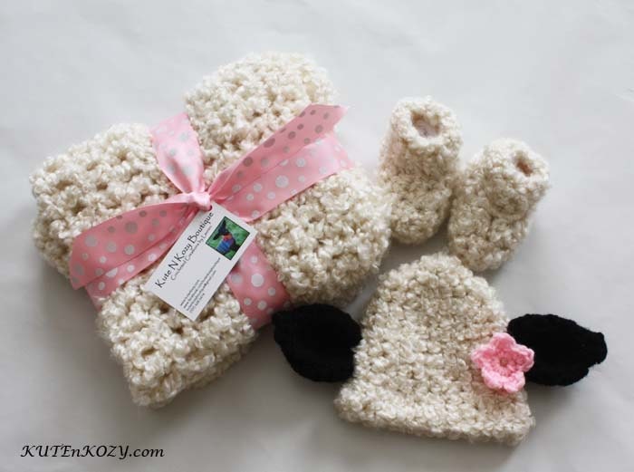 Adorable Crocheted Little Lamb Baby Gift Set - SO SOFT - Blanket, Hat, and Booties - Perfect Baby Shower Gift or Photo Prop - Boy or Girl