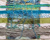 TURQUOISE RIBBONS Mixed media, Fiber art, embroidered Wall hanging OOAK