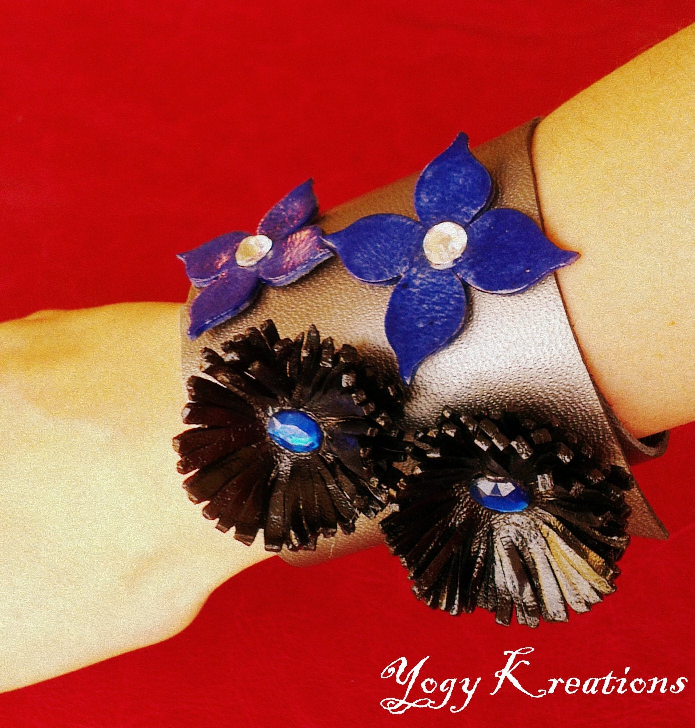 Silver leather cuff, Blue flower black Bracelet Jewelry Crystals wristband wrap adjustable Recycle Handmade women OOAK
