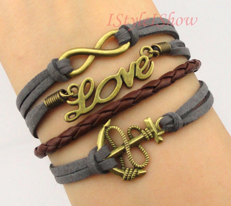 Infinity, Love,& Anchor Charm Bracelet-Bronze, Wax Cords and Leather Braided Bracelet-friendship gift,Personalized
