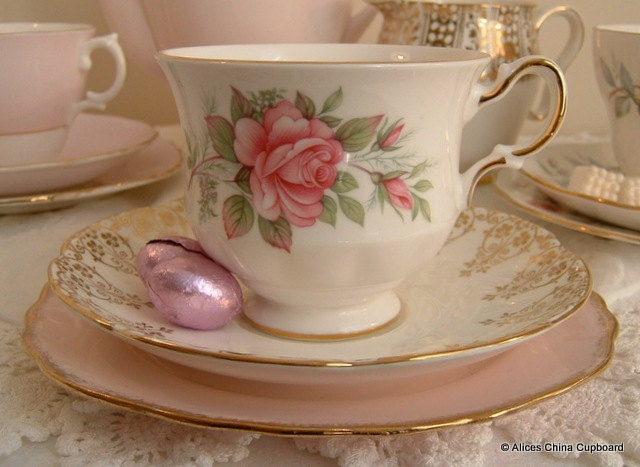 Vintage MisMatched Tea for One Bone China Tea Cup Saucer and Tea Plate Ideal Wedding Shower Pinks and Golds
