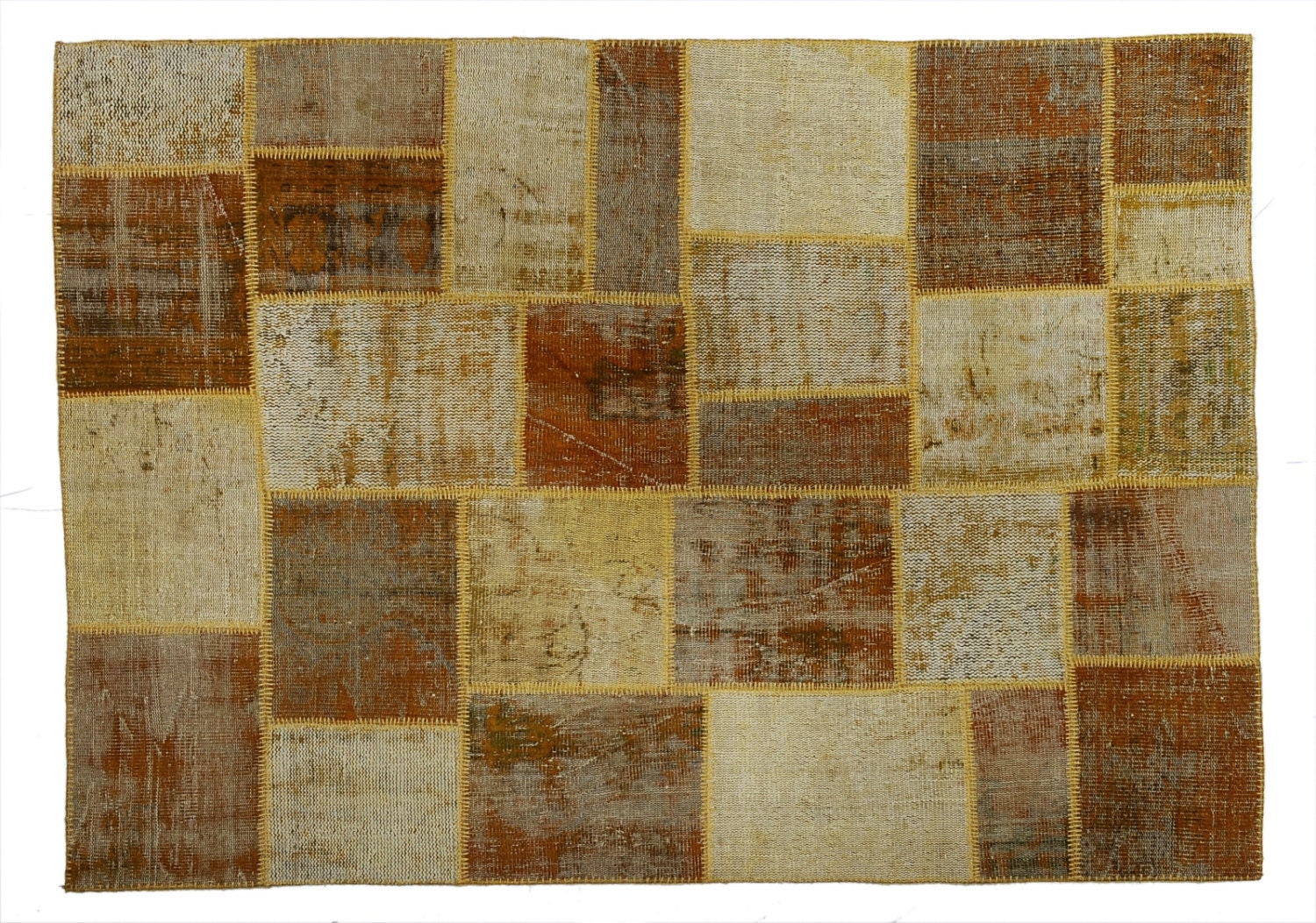 Yellow Over Dyed Patchwork Rug -  7.9 x 5.6 feet ( 240 x 170 cm) Handmade from rectangular tiles of Vintage Turkish Rugs-SLH45