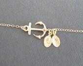Gold Anchor Bracelet. Personalized Gold Leaf Jewelry. Gold Filled Jewelry. Encouragement Gift for Best Friends.Couples. Initial Gold Jewelry