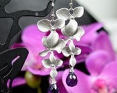 Bridesmaid jewelry,Purple amethyst peacock silver orchid flower ,tear drop dangle ,Wedding Bridal Jewelry Bridal Bridesmaid Earrings