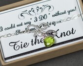 Bridesmaid gifts, Silver Bow bracelets, Tie the Knot bracelets for bridesmaids, bridal party jewelry , birthstone ,apple green Peridot