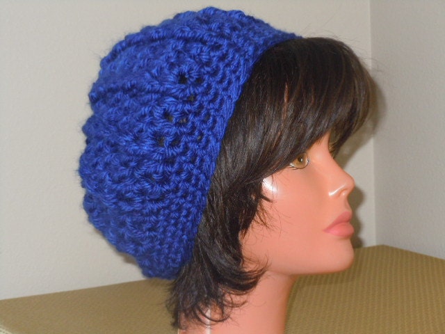 Crochet Chunky  Slouchy Beret - Blue - hat  beanie  teens womens adult cap acrylic