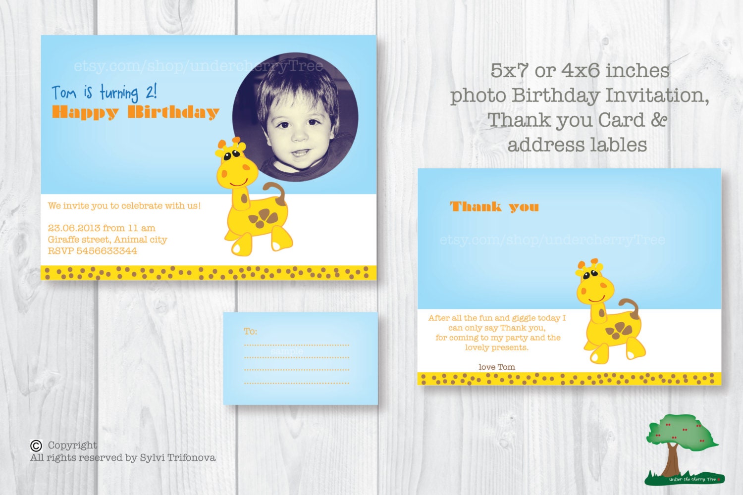 Custom Printable  Birthday Party Photo Invitation set -  Giraffe. Birthday Invitation. Thank you card. Labels. Party