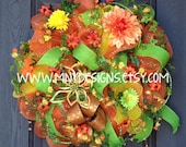 Bright Orange Green and Yellow Summer Deco Mesh Wreath