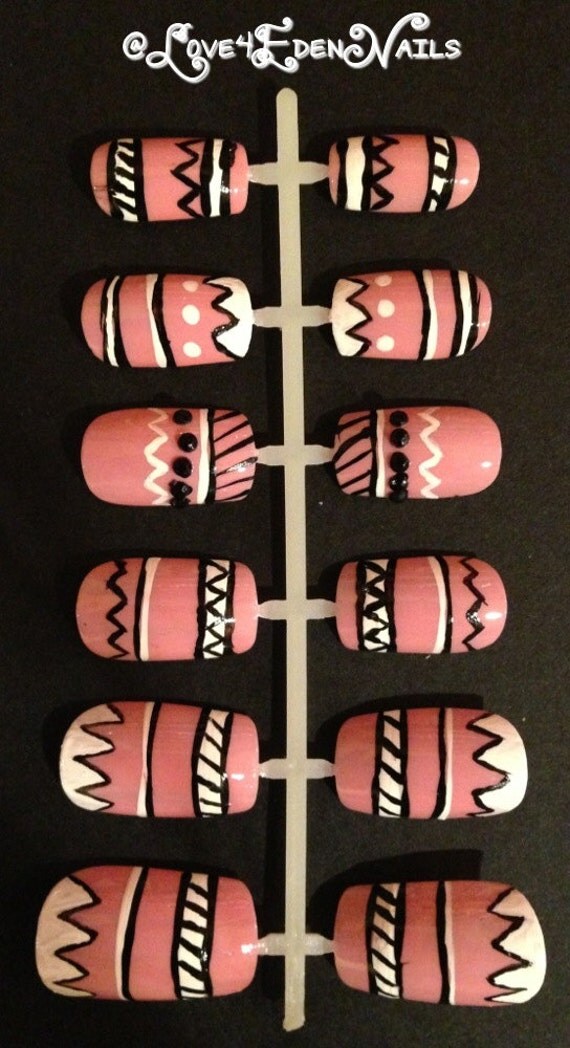 Pink Tribal Hand Painted Fake Nail Set