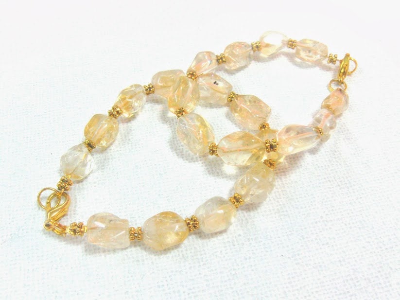 Citrine Bracelet Natural Nuggets Yellow Rock Quartz Gemstone beaded Jewelry gold tone closure accents friendship mom daughter bracelets