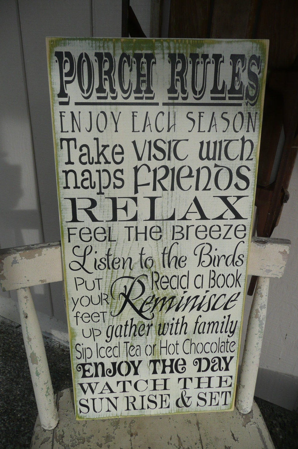 HAND PAINTED wood Sign, Porch Rules, Typography, Subway, Prim Wall Decor, uNiQuE Shabby
