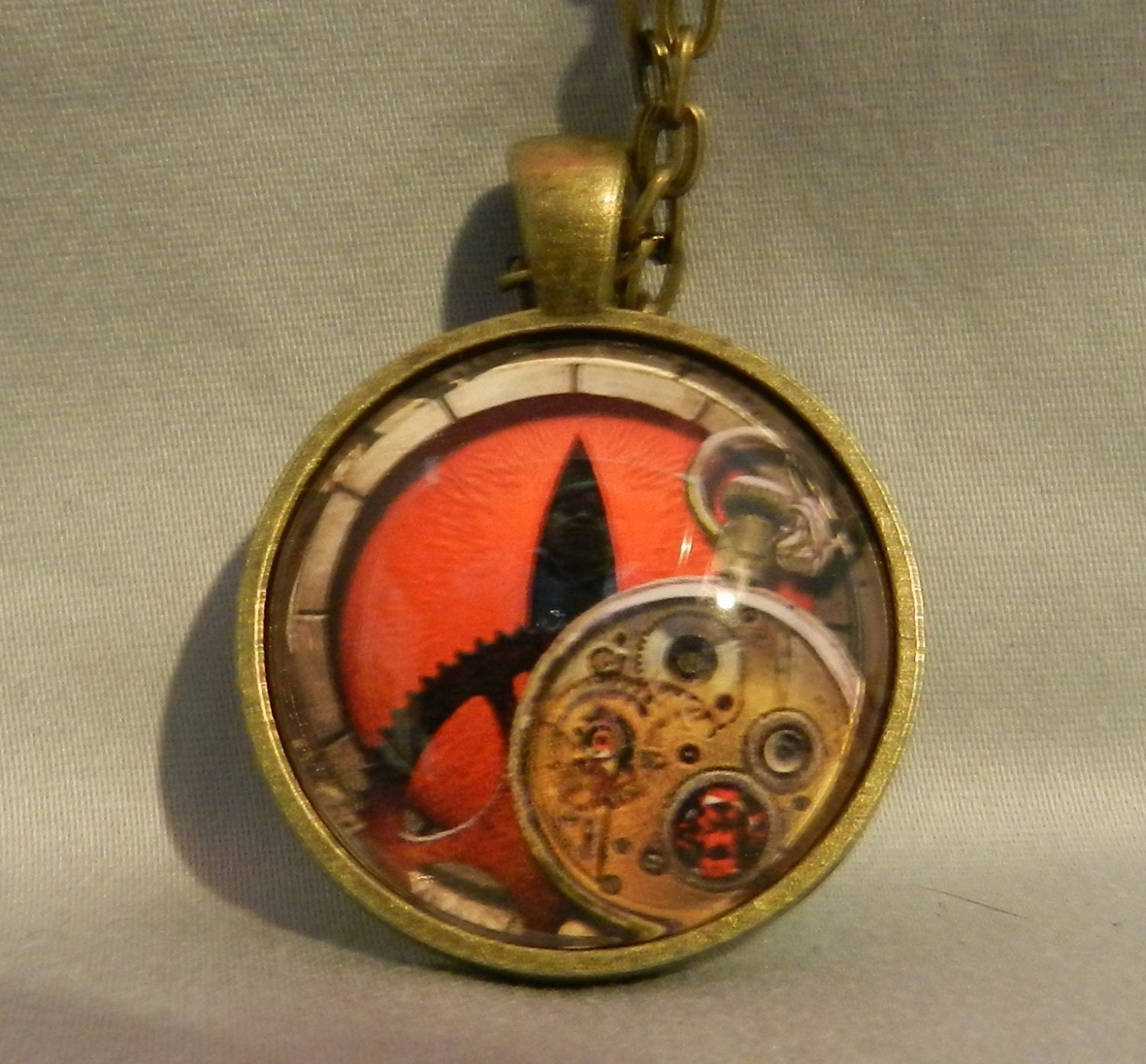 Steampunk Pocket Watch Red Dragon Eye Pendant Necklace 1" Glass Dome Jewelry Charm Round Circle -  Plated Silver or Brass or Copper or Black