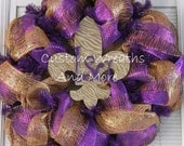GEAUX Tigers LSU Fleur de Lis mesh wreath with LSU tiger ribbon