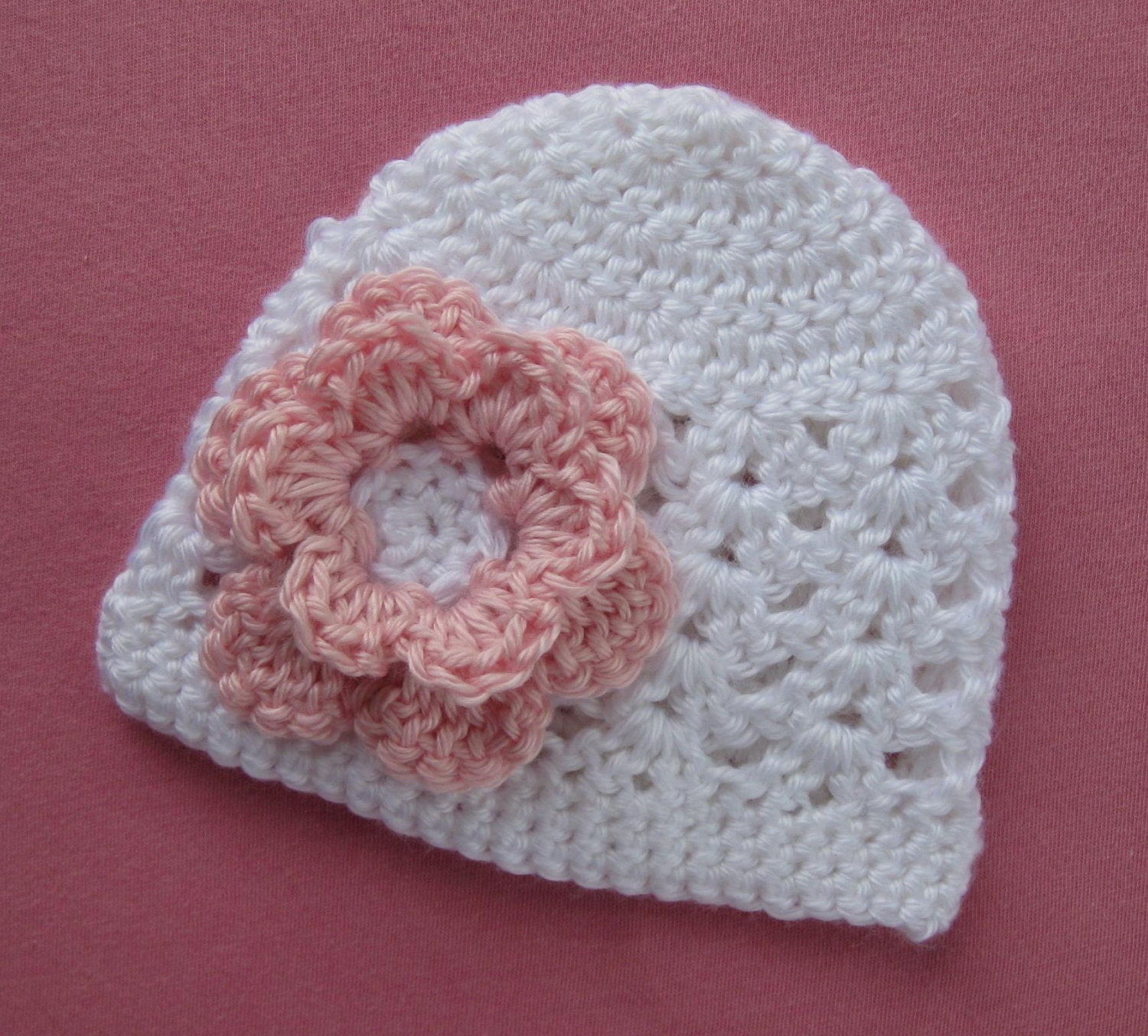 SALE Baby Girl Hat Newborn Photography Photo Prop, White Cap, Pink Flower, Crochet Infant Beanie, Spring Summer Fall Autumn